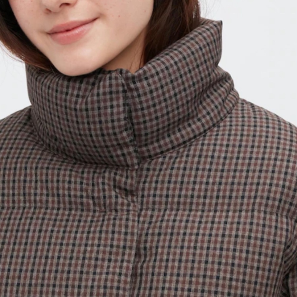 Uniqlo Women Check Patterned Down Puffer Jacket Coat Water Repellent Brown XL - Picture 12 of 13